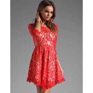 Free People Floral Lace Mesh Dress Red Size 2 Party Vacation Boho